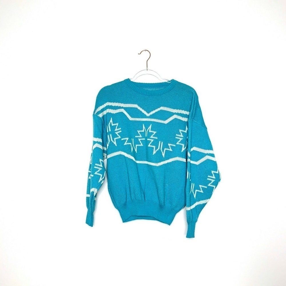 MASER Vintage Sweater Blue White Crew Neck Snowflake Blue White - Picture 2 of 5